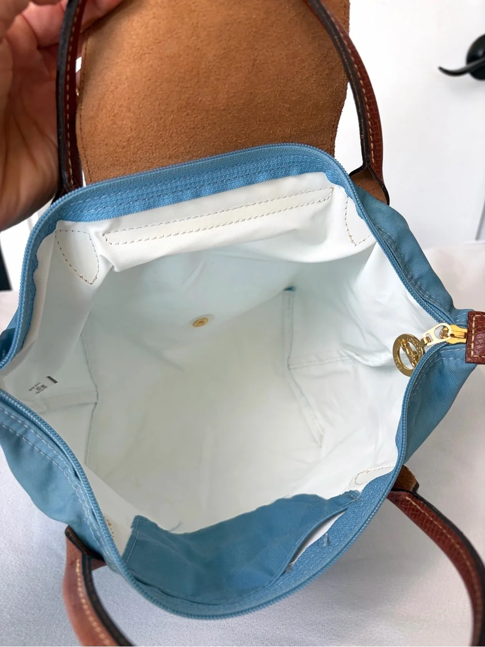 Longchamp Le Pliage Top-Handle Tote in Light Blue w Brown leather, GUC - Picture 9 of 16